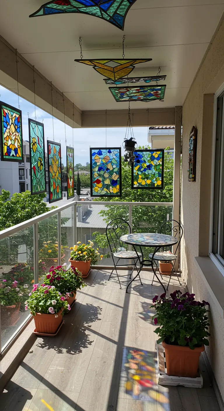 Balkon met hangende glas-in-lood panelen, bistroset en bloeiende planten.