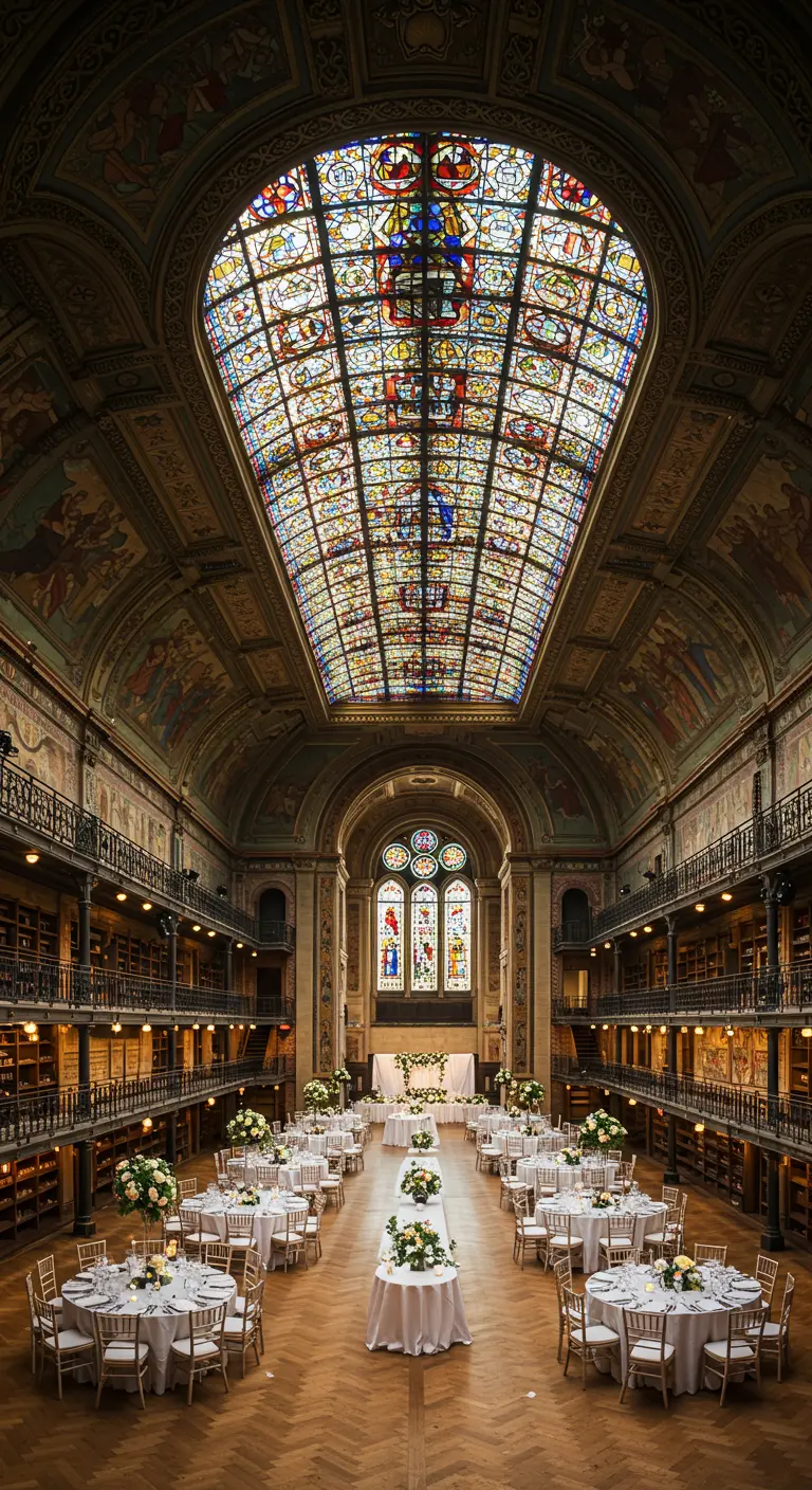 Grote, klassieke bibliotheek of hal met indrukwekkend glas-in-loodplafond en witte tafels