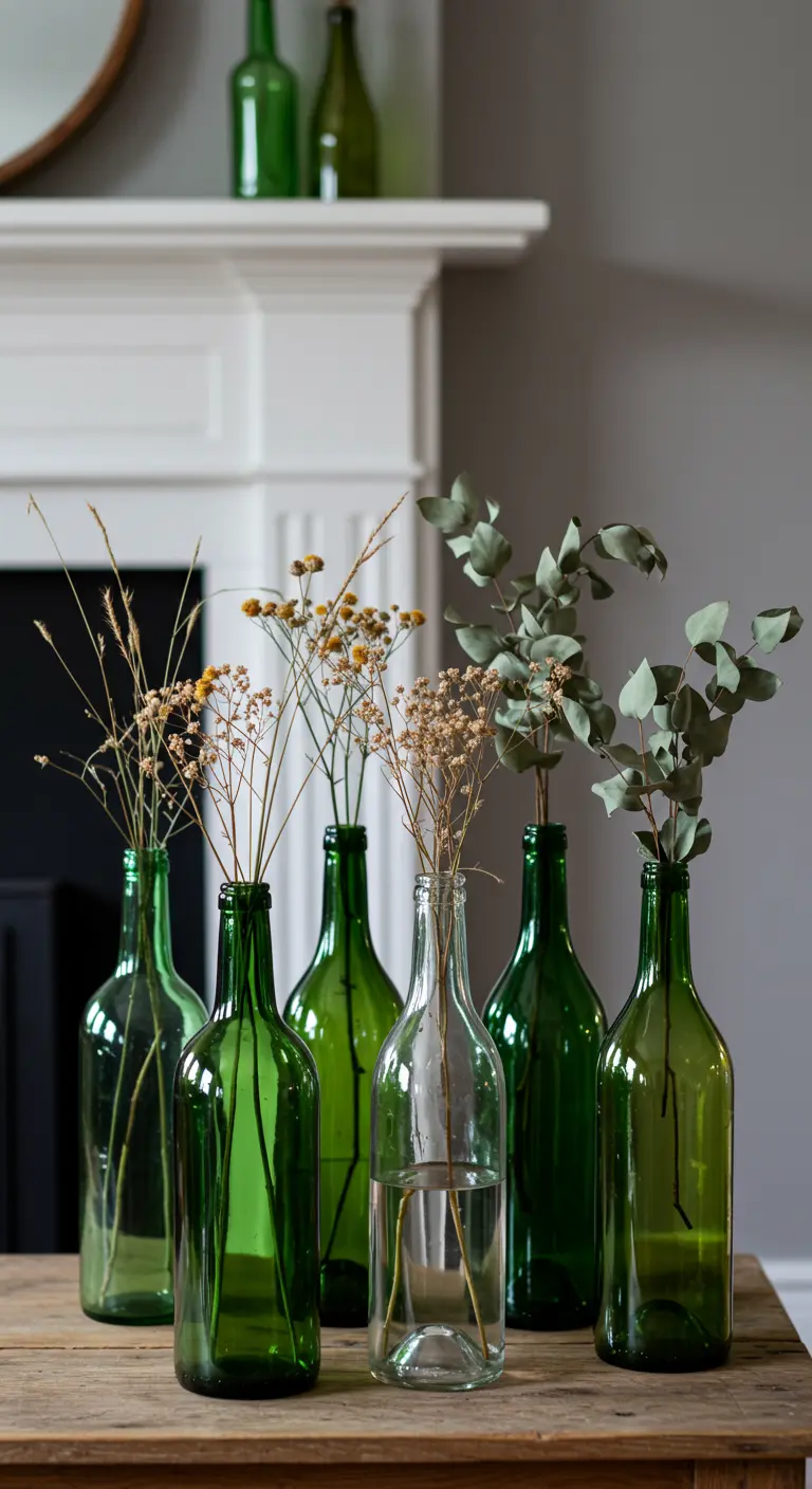 Groep groene glazen flessen gebruikt als vazen voor droogbloemen en takken.