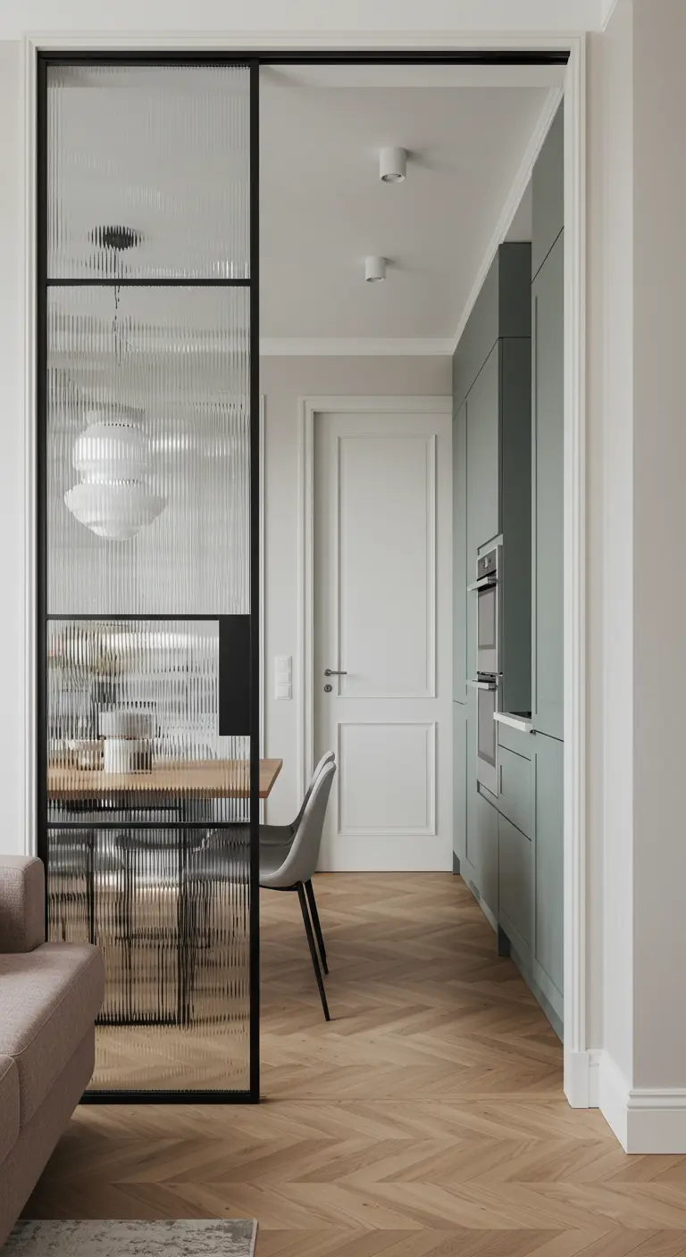 Open keuken en eetkamer gescheiden van woonkamer door glazen wand met zwart stalen frame.