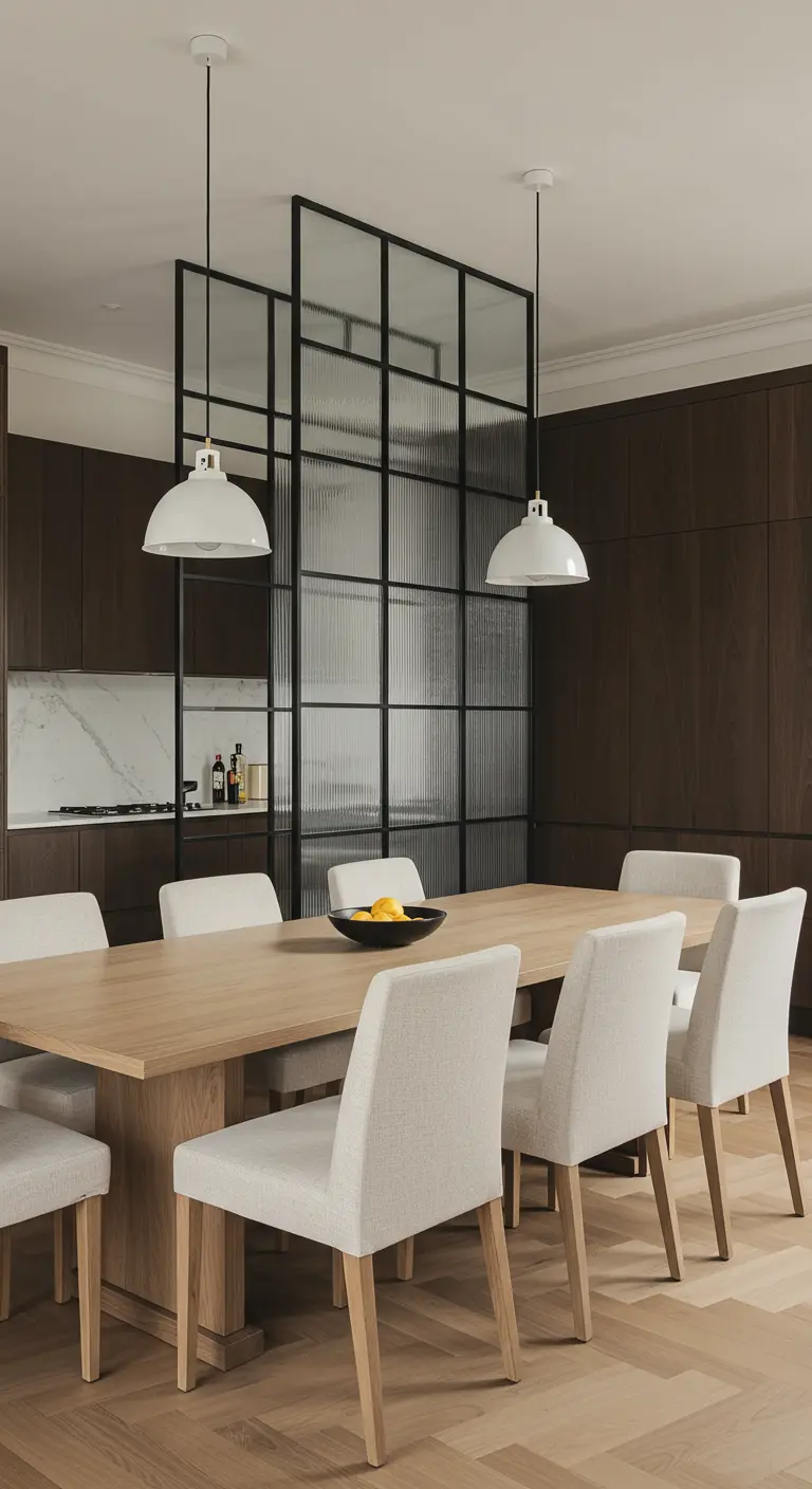 Eetkamer gescheiden van donkere keuken door een elegante glazen wand met zwart stalen frame.