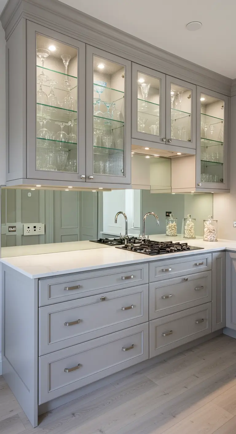 Grijze keuken met glazen bovenkasten, spiegelachterwand en veel lades voor opbergruimte.