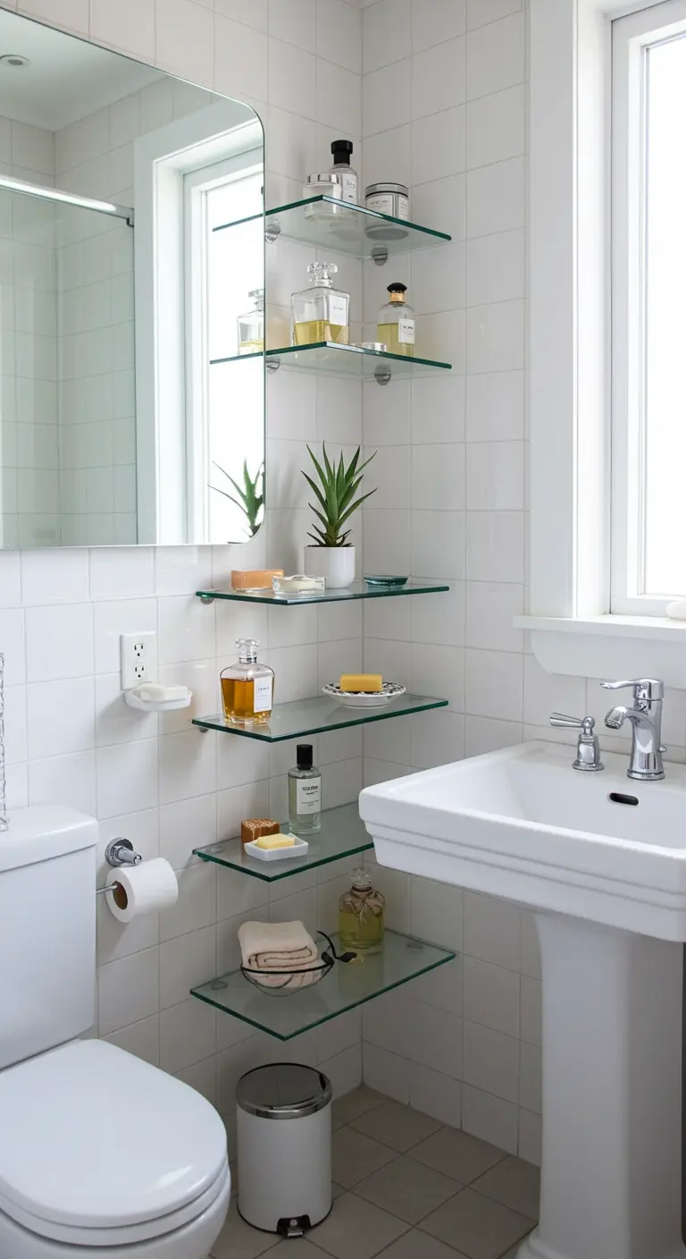 Glazen hoekplankjes naast een wastafel met verzorgingsproducten en plantjes.