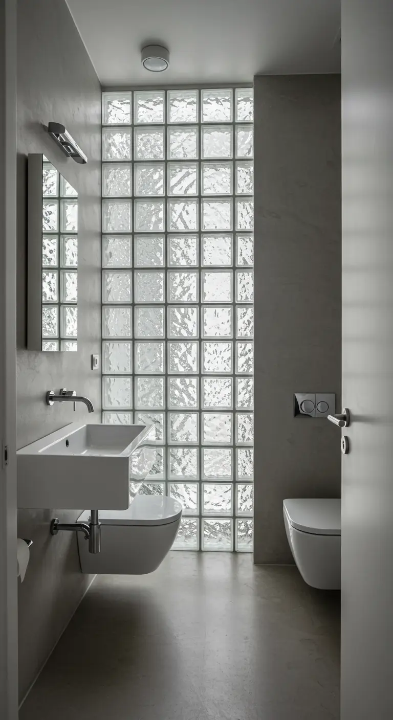 Minimalistische badkamer met een wand van glazen bouwstenen en betonlook.