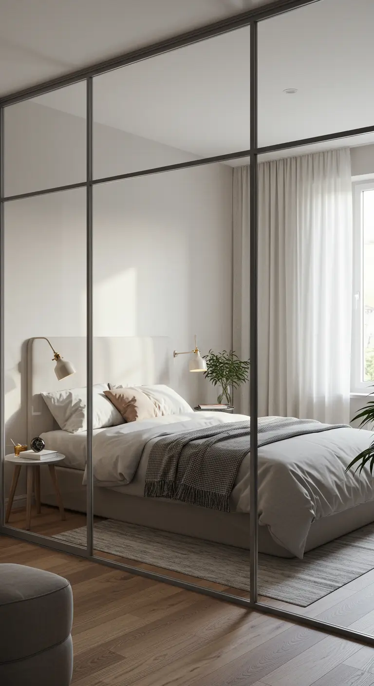 Slaapkamer met een grote glazen wand/deur die uitkijkt op een andere, lichte ruimte.