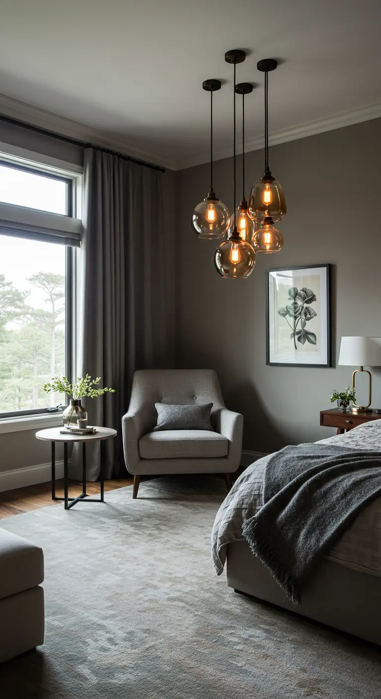 Slaapkamer met een cluster van amberkleurige glazen hanglampen.