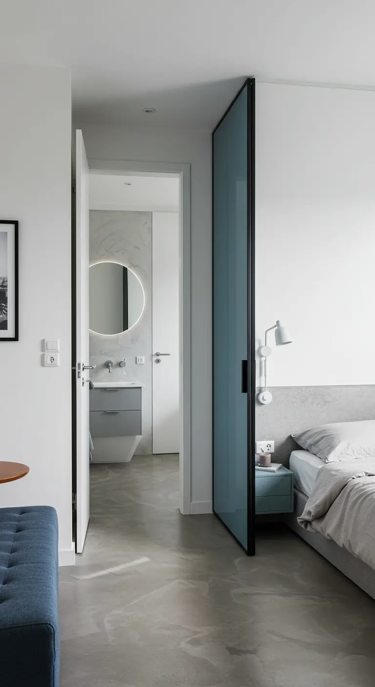 Moderne slaapkamer met een getinte glazen schuifdeur naar de en-suite badkamer.