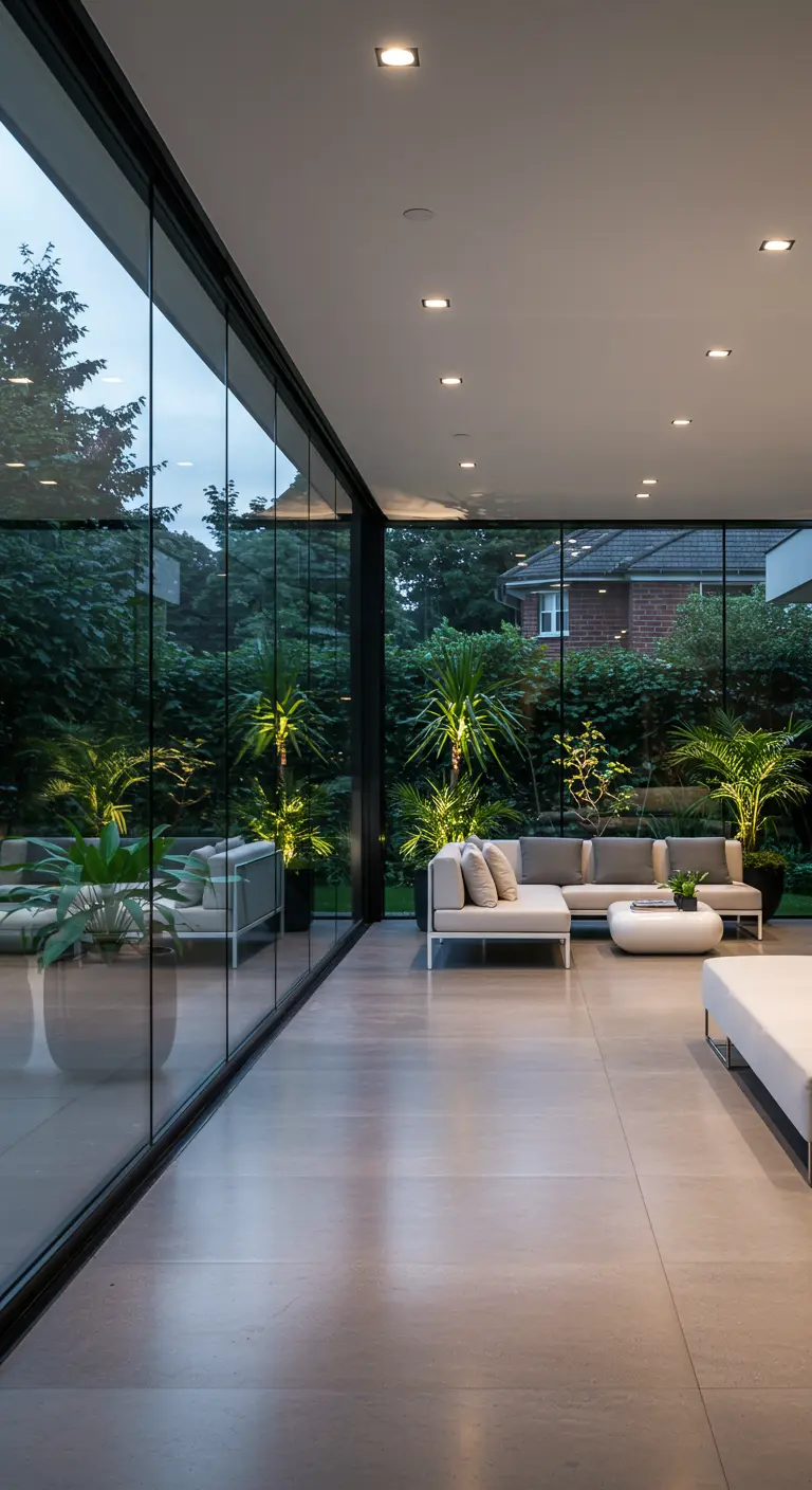 Moderne woonruimte met grote glazen wanden die uitkijken op een groene tuin.