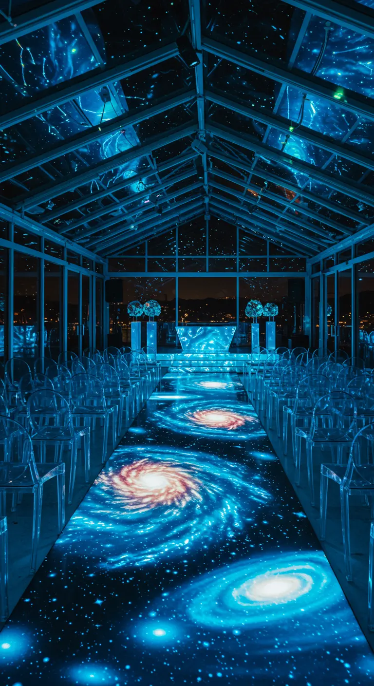 Ceremonie in glazen kas met galaxy print loper en transparante stoelen.