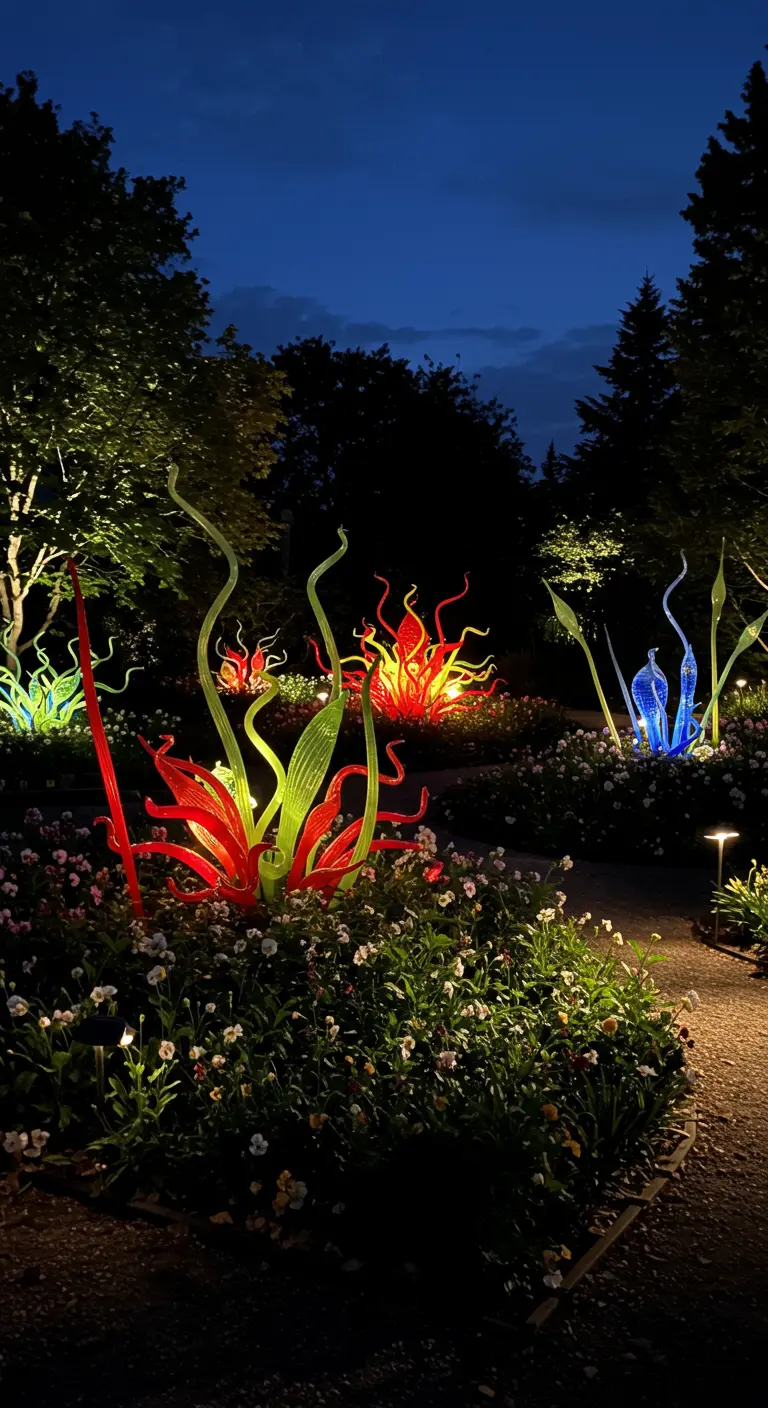 Kleurrijke, verlichte glaskunst in de vorm van planten in een bloembed bij schemering.