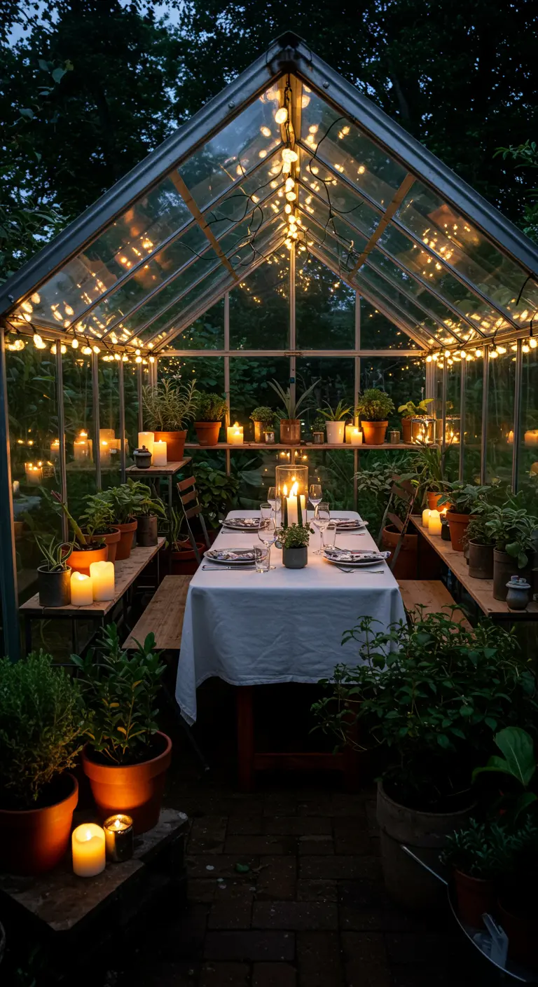 Sfeervol diner in een glazen kas met lichtslingers en veel planten.