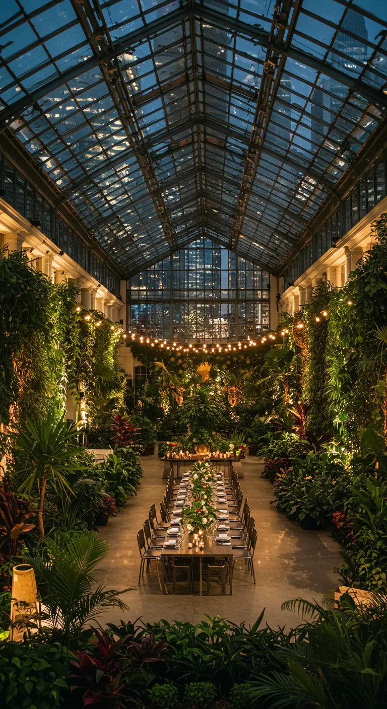 Diner in een grote glazen serre vol planten, met stadslicht op achtergrond.