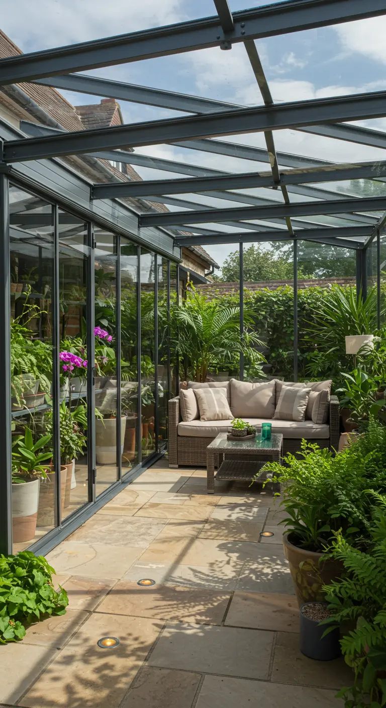 Luxe glazen serre met een scala aan tropische planten en een comfortabele loungeset.