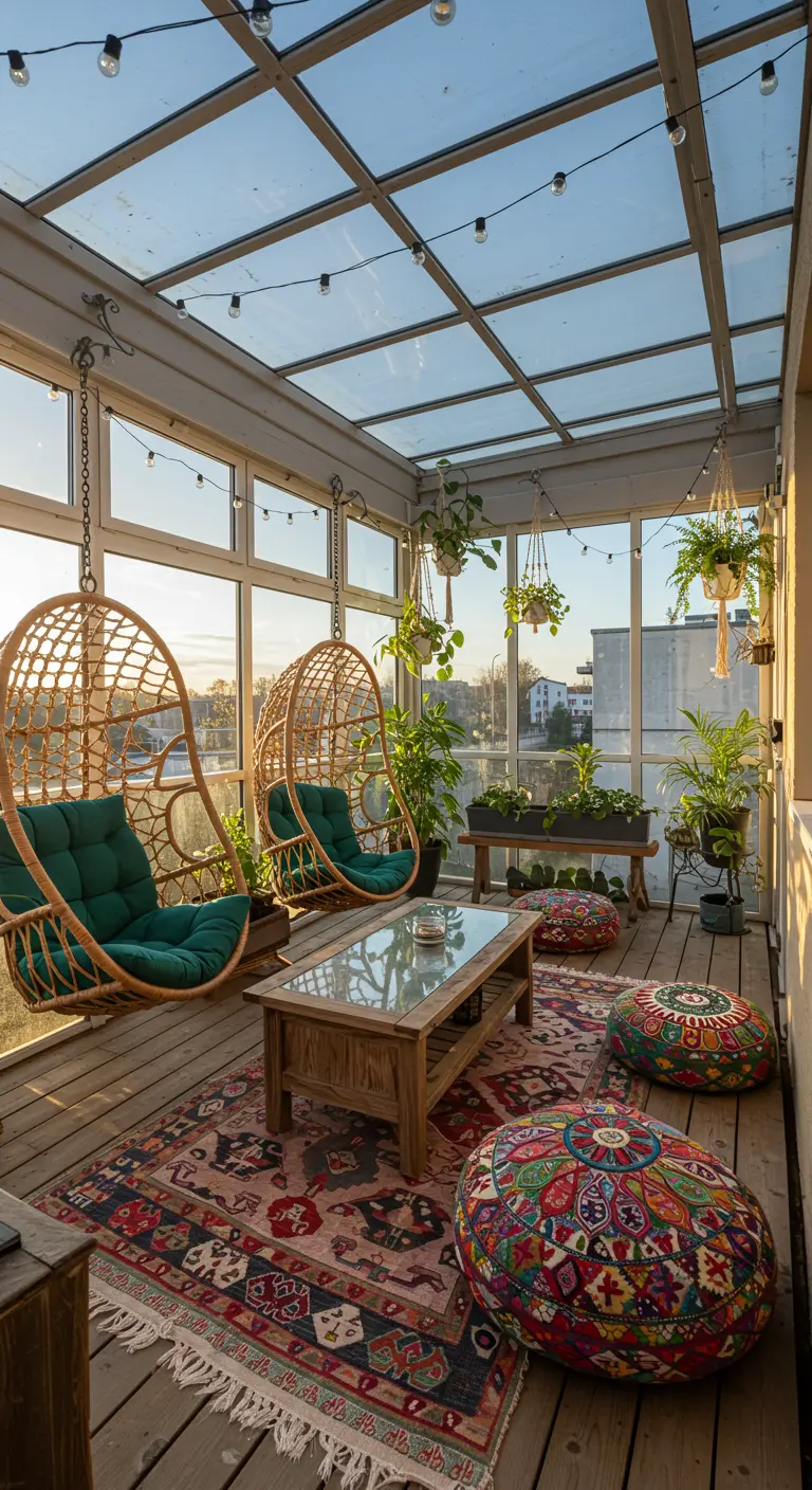Zonnig balkon met glazen dak, twee rotan hangstoelen, veel planten en kleurrijke textiel.
