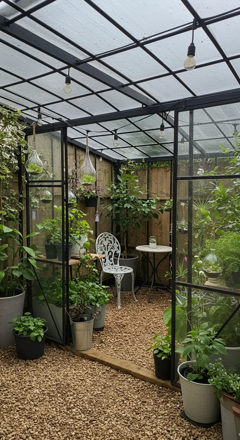Tuinserre met glazen dak, grindvloer, witte metalen bistroset en diverse potplanten, inclusief hangende plantjes.