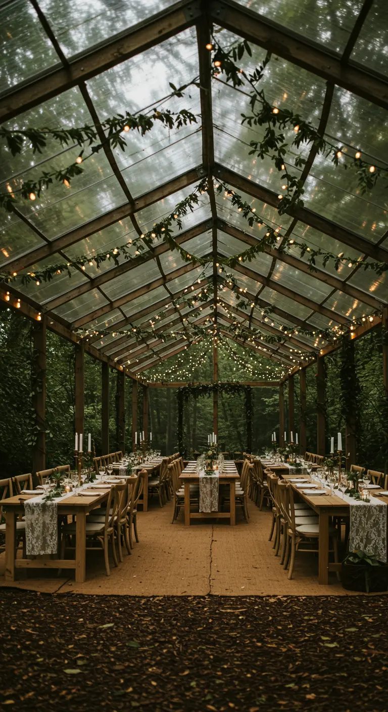 Glazen tent met houten tafels, string lights, klimop en kaarsen in het bos.