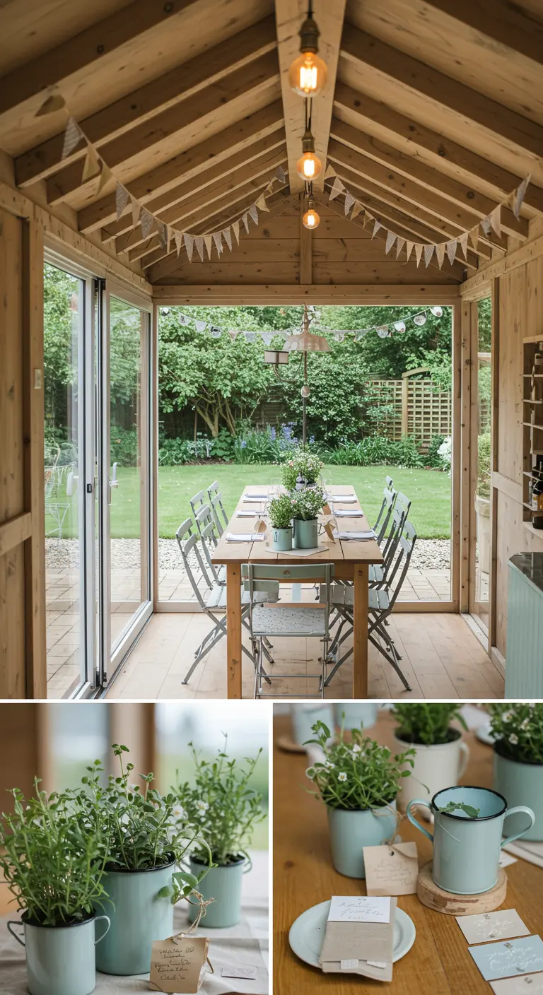 Glazen tuinhuisje met lange houten tafel, metalen stoelen en plantjes in emaille mokken.