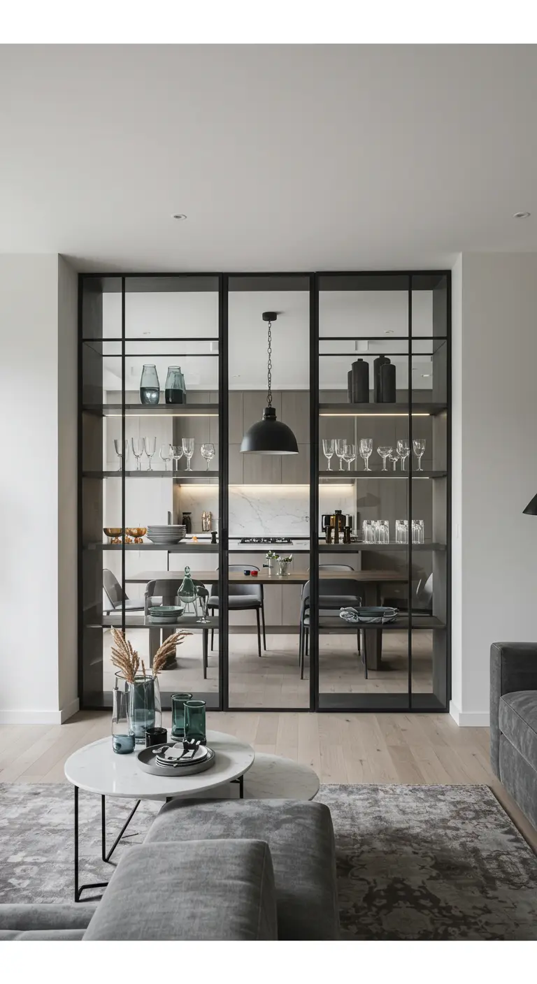 Grote glazen wand met zwart metalen frame scheidt keuken/eetkamer van woonkamer.