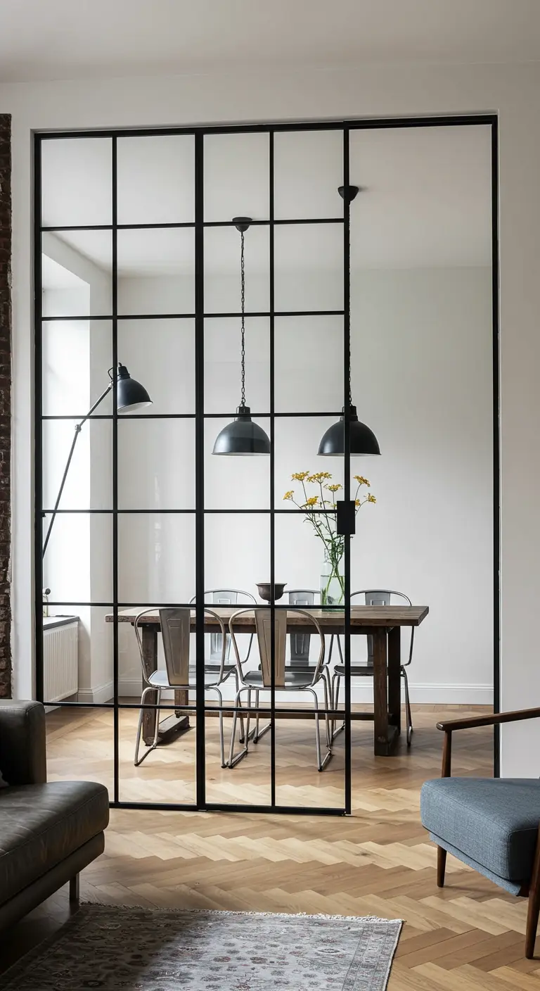 Eethoek met houten tafel achter een grote glazen wand met zwart stalen frame.