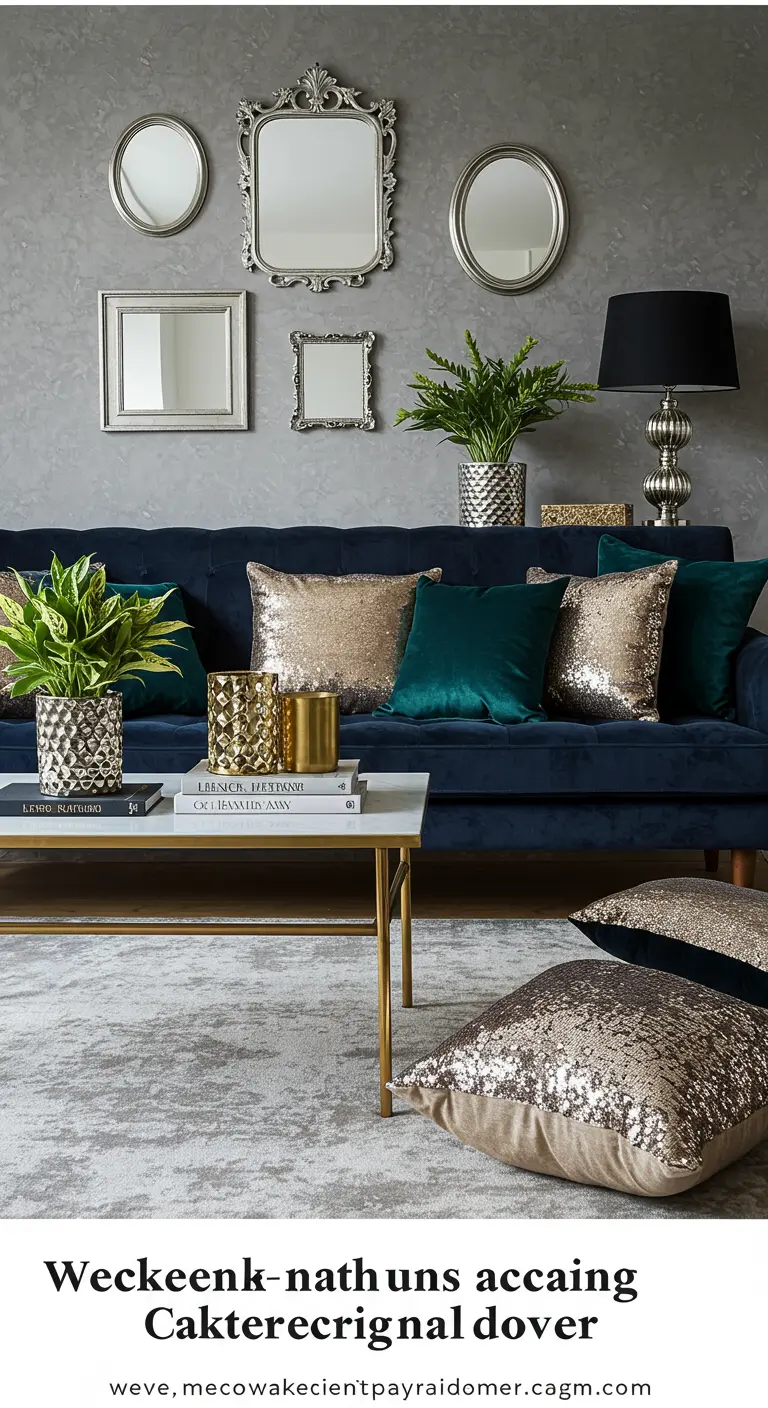 Glamoureuze woonkamer met donkerblauwe fluwelen bank, gouden en zilveren kussens en spiegels.