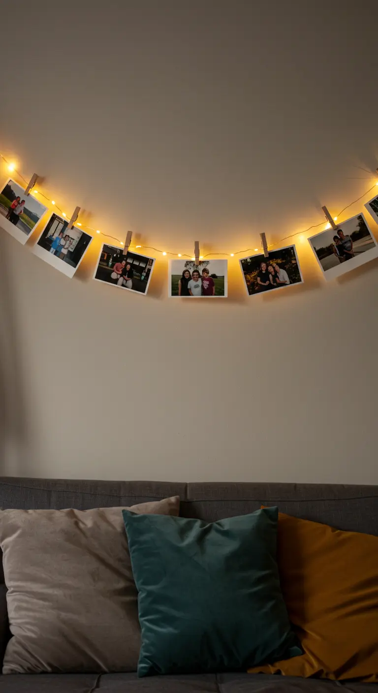 Lichtsnoer met foto's eraan bevestigd met wasknijpertjes, boven een bank.