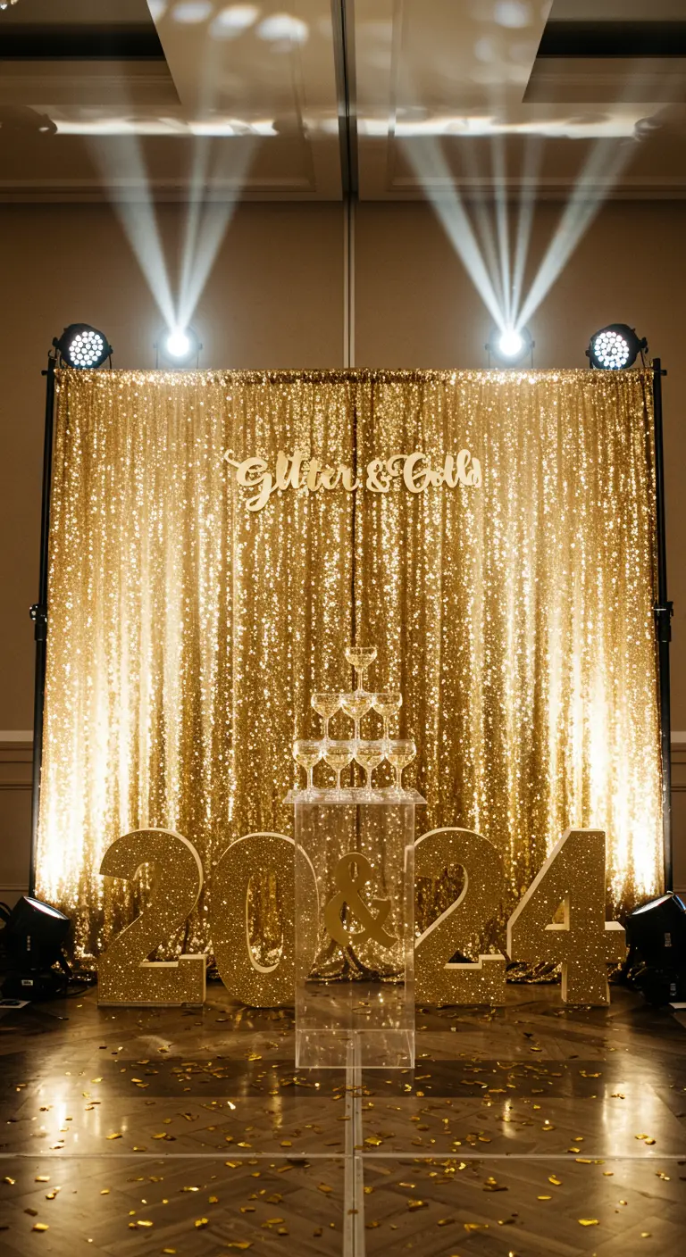 Gouden photobooth met pailletten, lichtende cijfers '2024' en een champagneglas piramide.