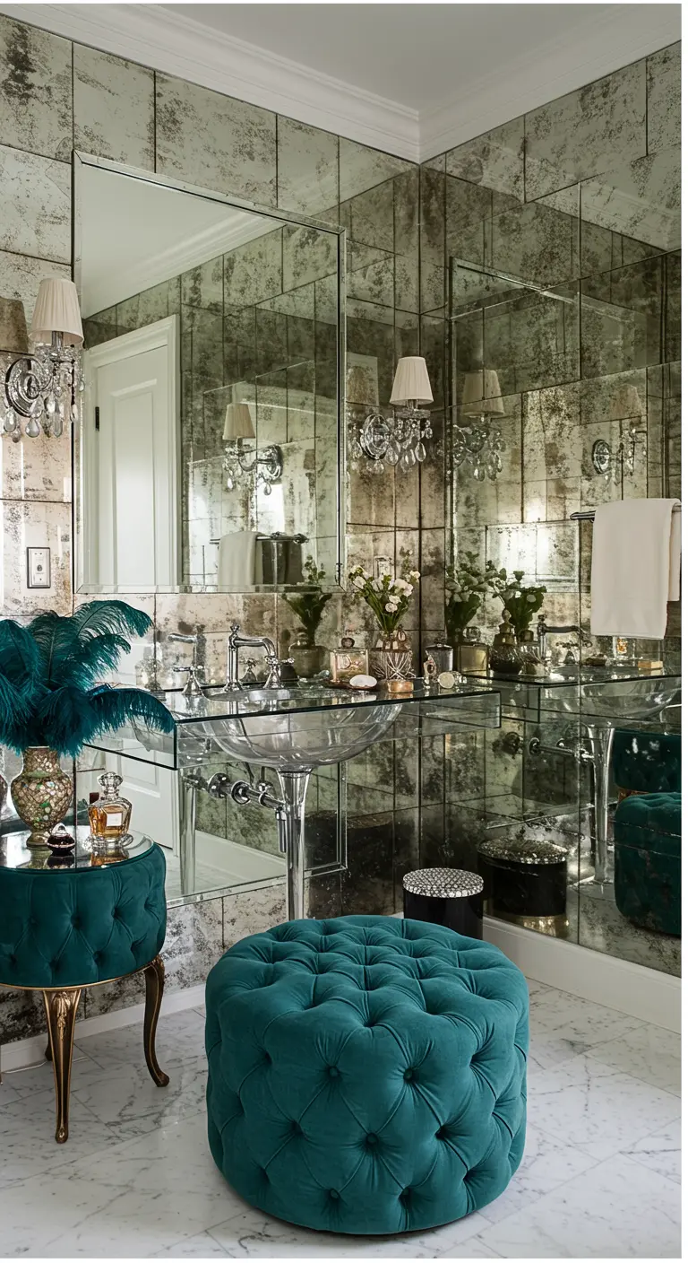 Luxe badkamer met wanden van antieke spiegeltegels en een turquoise fluwelen poef.