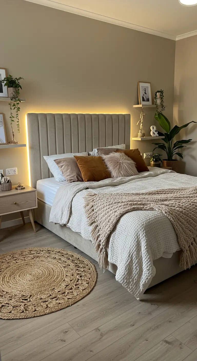 Slaapkamer met LED-verlichting achter het hoofdbord en wandplanken.