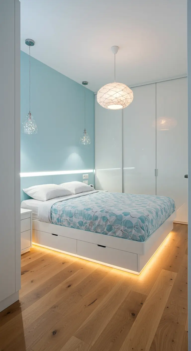 Moderne slaapkamer met wit bed met opberglades, LED-verlichting eronder en blauwe accentmuur.