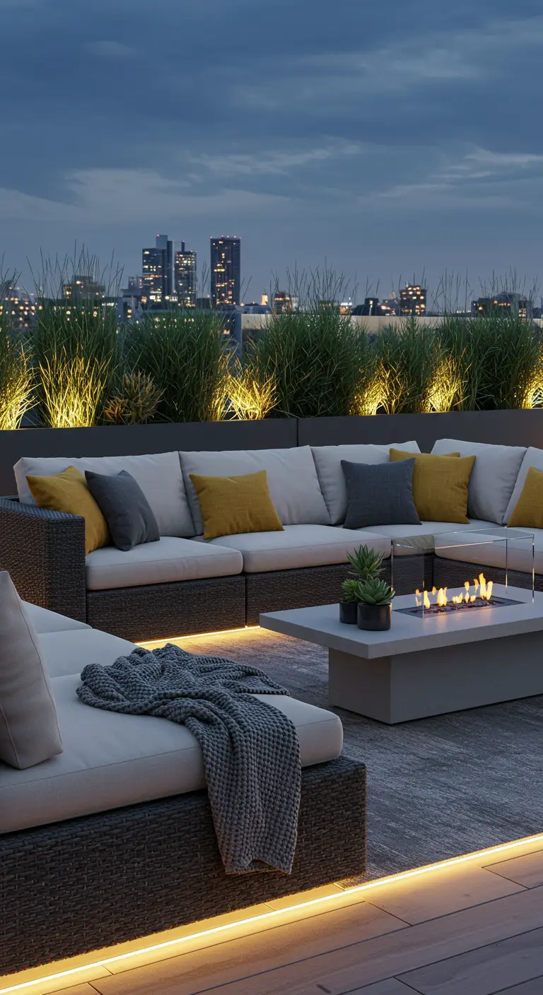 Moderne loungeset op dakterras met sfeervolle LED-verlichting en vuurtafel bij schemering.