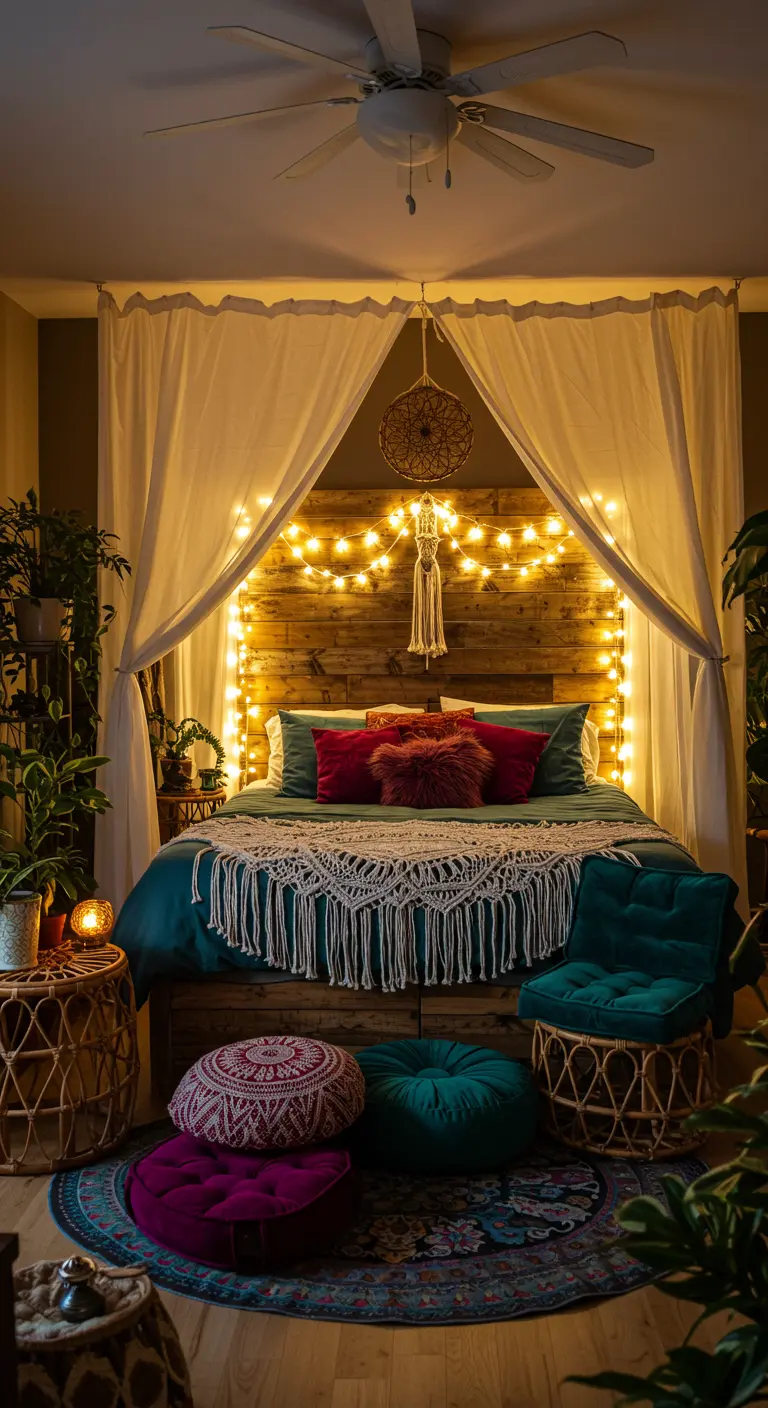 Slaapkamer met lichtslingers achter houten hoofdbord en gordijnen.