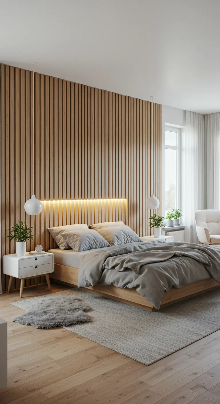 Lichte houten lattenwand achter bed met geïntegreerde LED-verlichting en witte hanglampen.