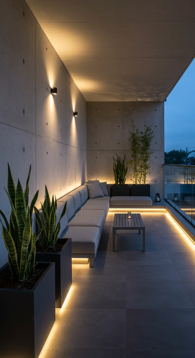 Modern balkon met sfeervolle LED-verlichting onder loungebank en plantenbakken bij schemering.
