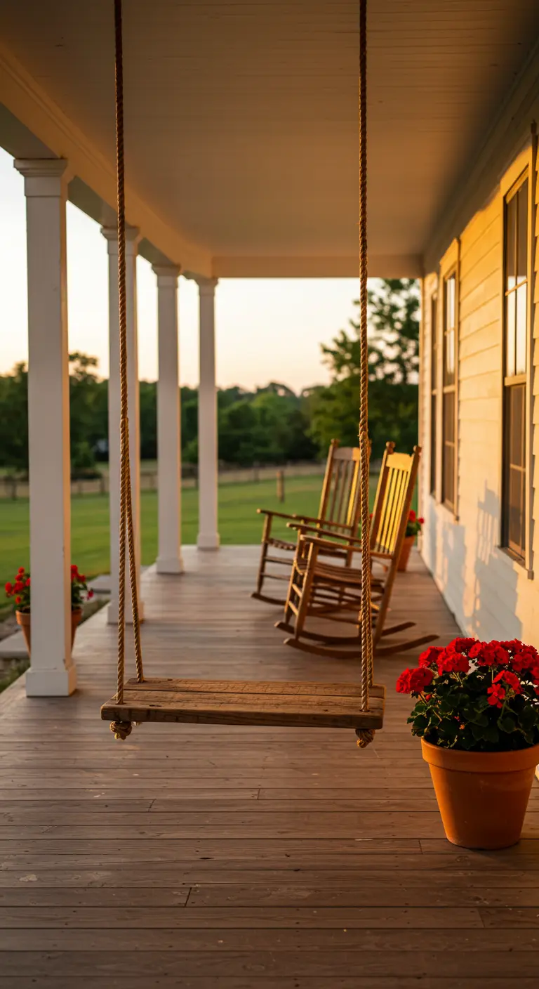 Houten schommel op een veranda tijdens zonsondergang, met rode geraniums in potten.
