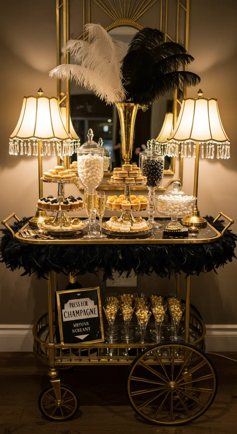 Gouden bar cart met Art Deco styling, veren, parels en champagne.