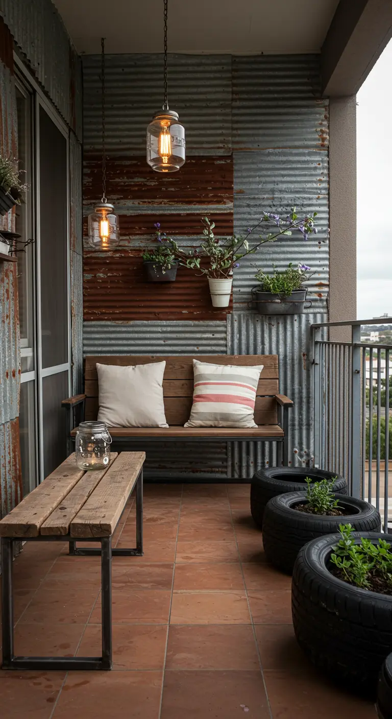 Balkon met roestige golfplaten wand, houten bank en autobanden als plantenbakken.