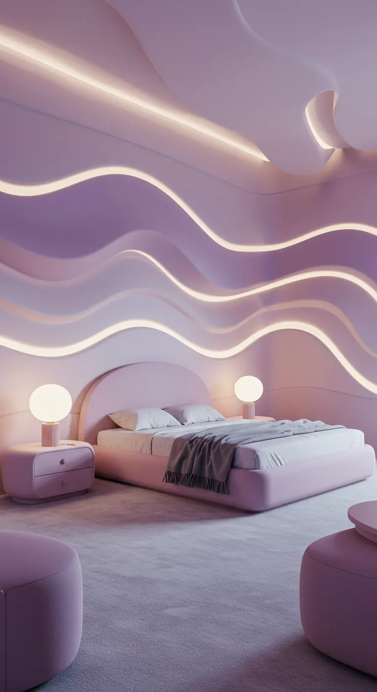 Roze/paarse slaapkamer met golvende wandpanelen, geïntegreerde verlichting en bijpassend bed.