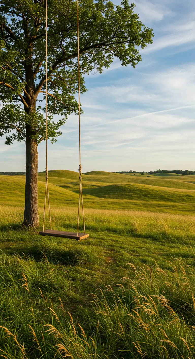 Boomstam-schommel aan touwen onder boom, uitkijkend over glooiende groene heuvels.