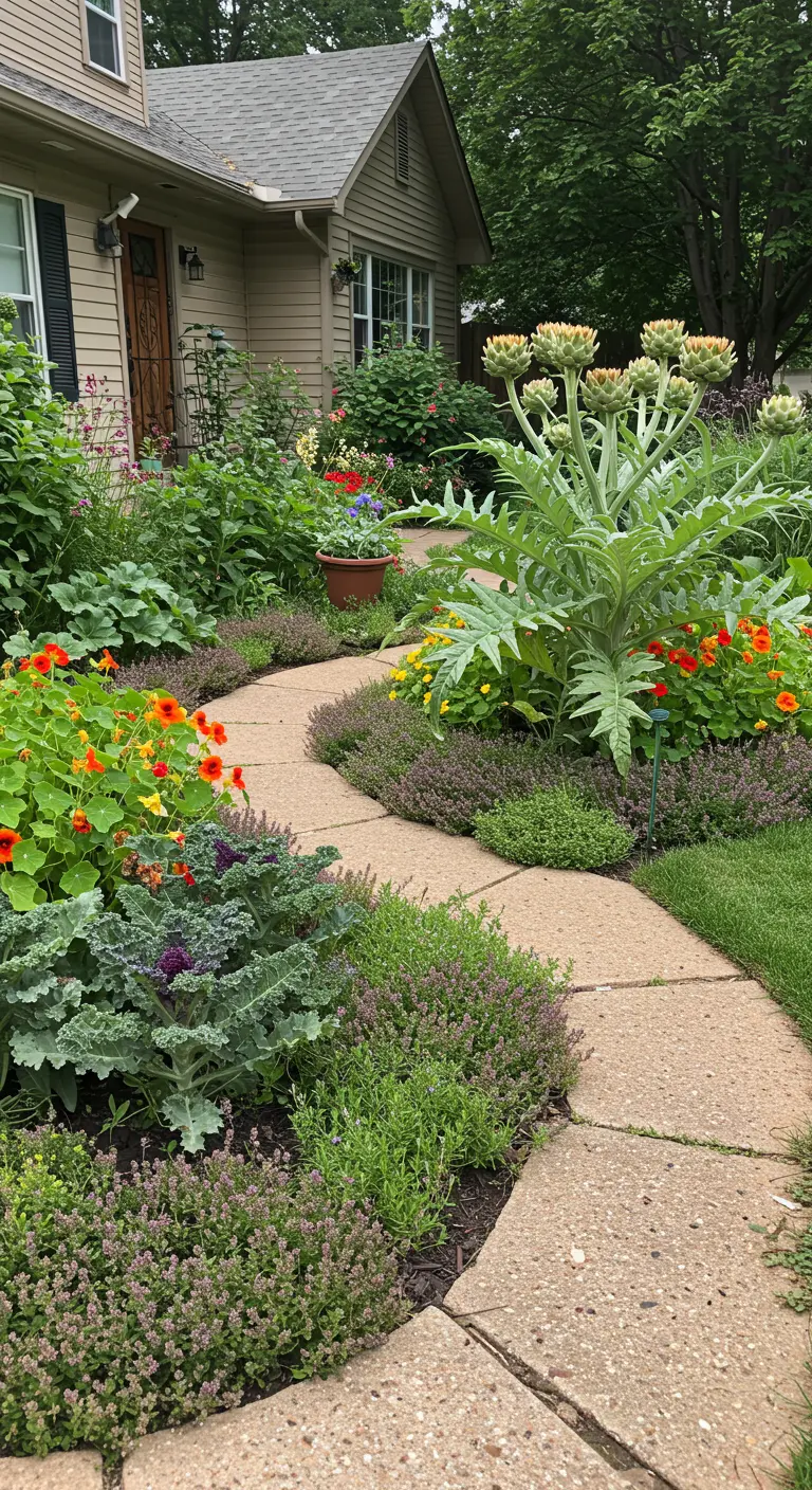 Golvend tuinpad met Oost-Indische kers, boerenkool, tijm en een grote artisjokplant.