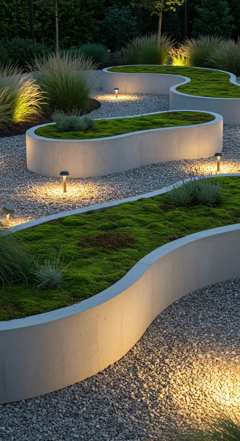 Golvende betonnen plantenbakken met mos, die ook als zitrand dienen in moderne tuin.