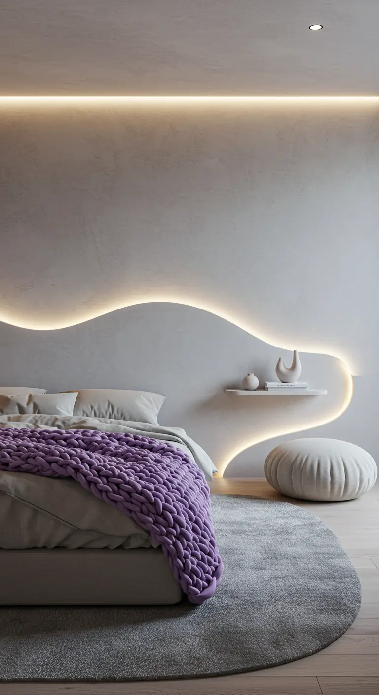 Slaapkamer met golvende LED-verlichting op de muur, dikke paarse deken en ronde poef.