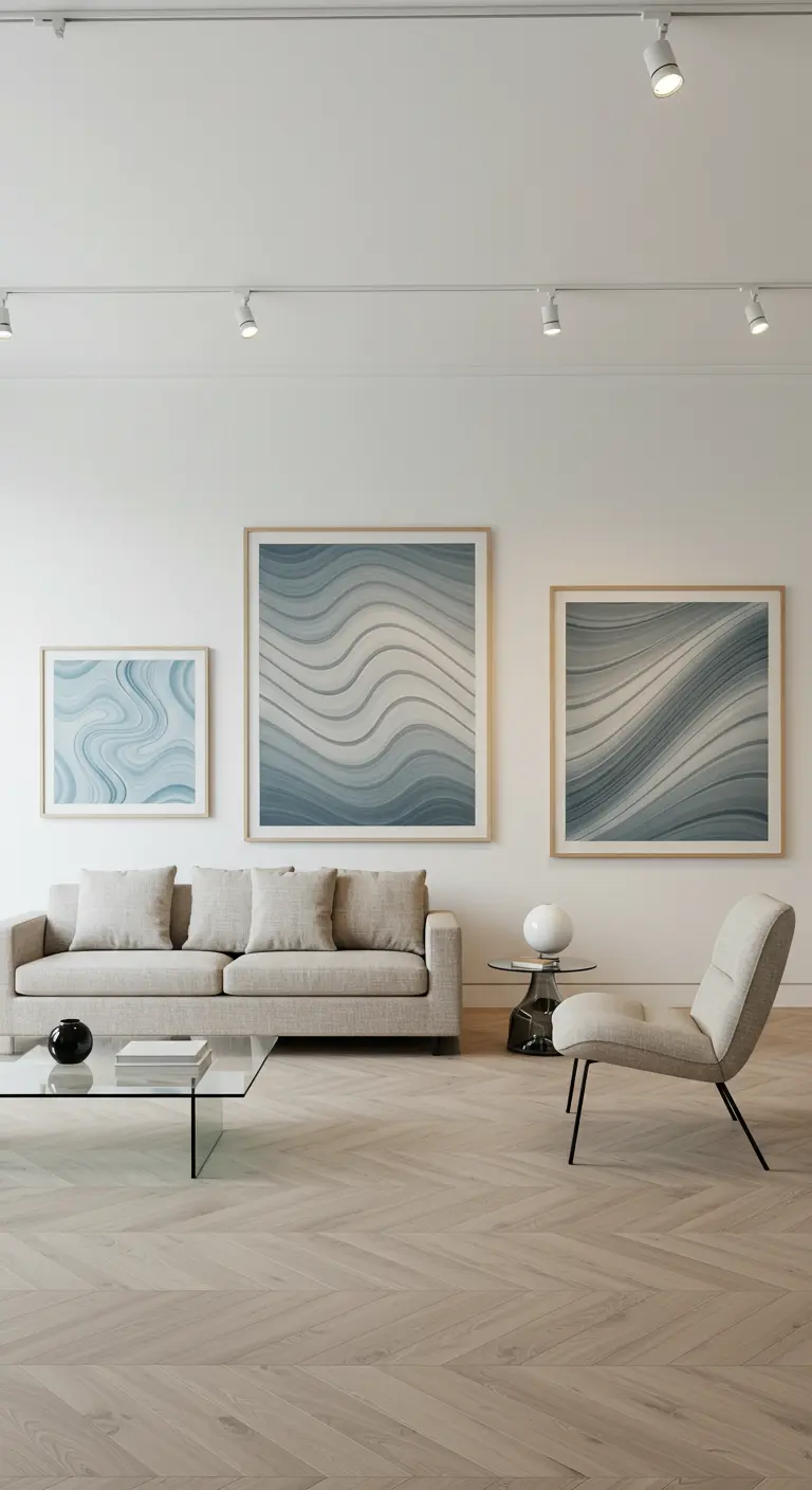 Minimalistische woonkamer met drie ingelijste prints van abstracte blauw-grijze golven.