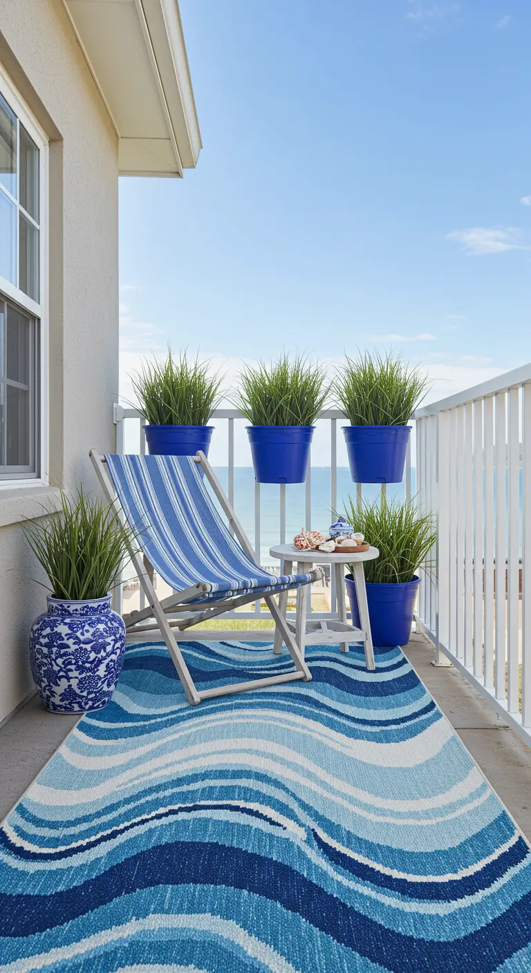 Balkon met blauw golvend buitenkleed, strandstoel en blauwe potten.