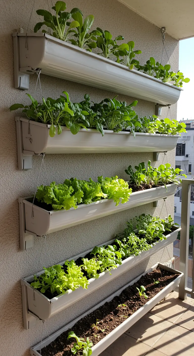Witte dakgoten trapsgewijs aan een muur bevestigd, gebruikt als plantenbakken voor sla en kruiden.