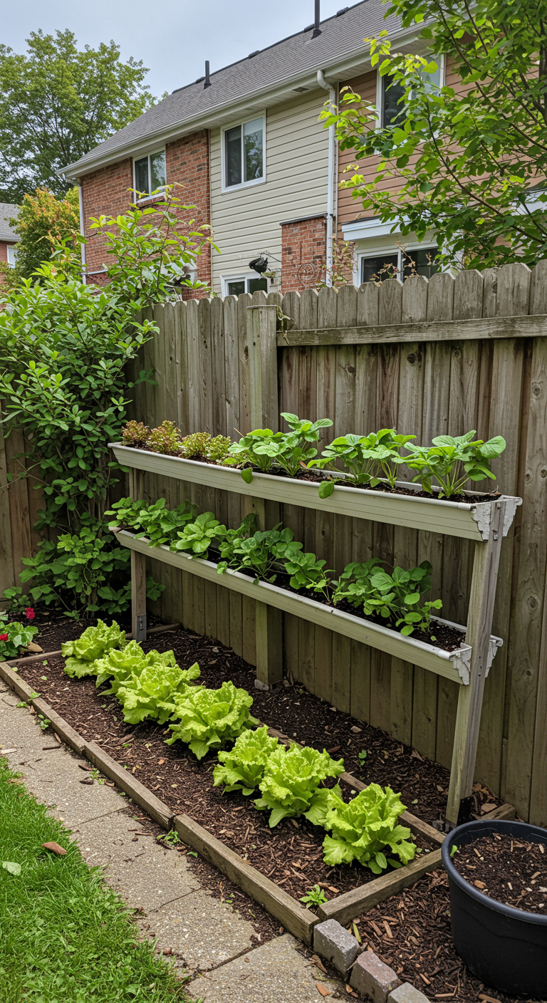DIY plantenrek van witte goten, gevuld met sla en kruiden in een tuin.