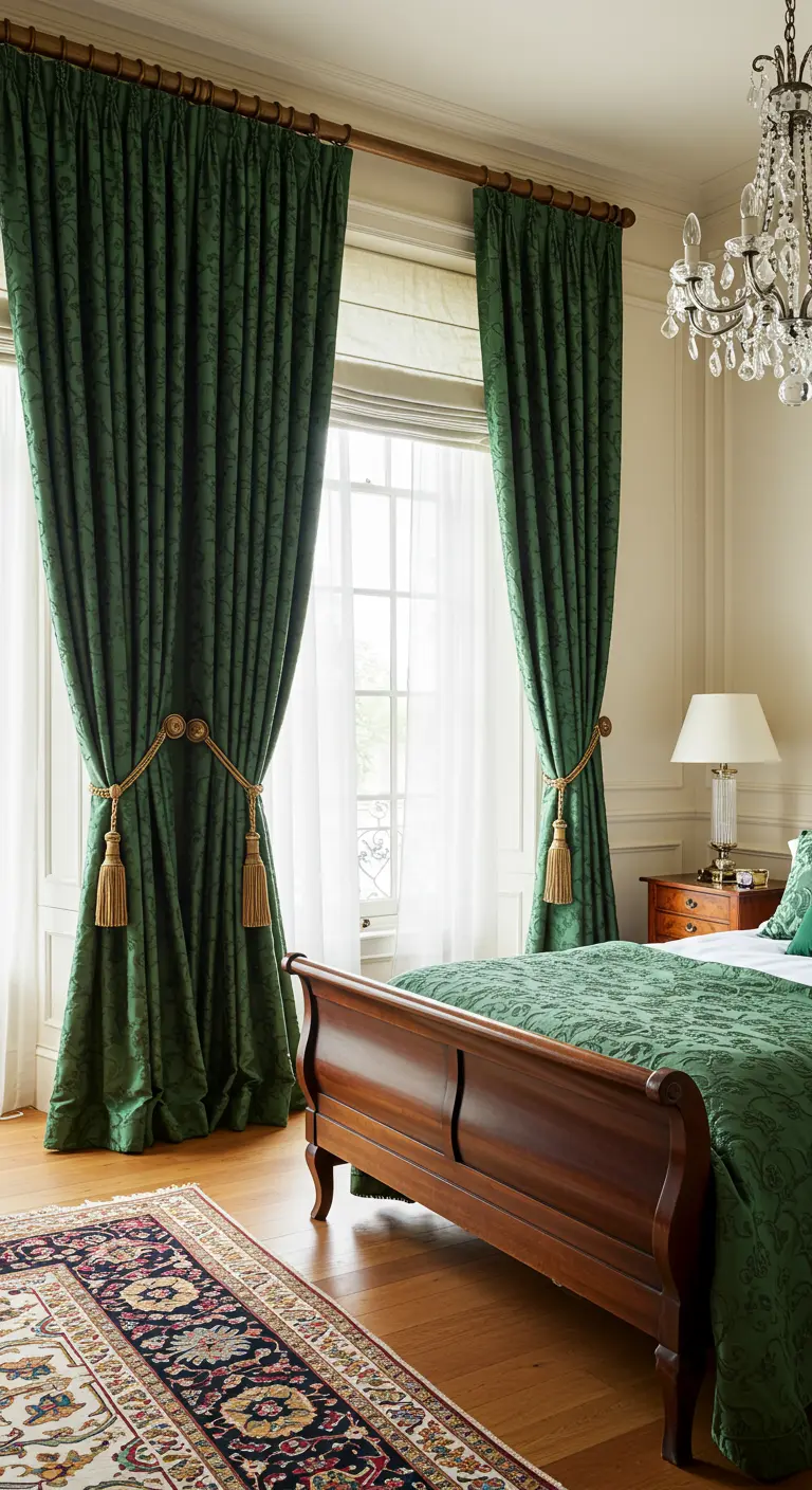 Klassieke slaapkamer met zware, donkergroene velours gordijnen met kwasten.