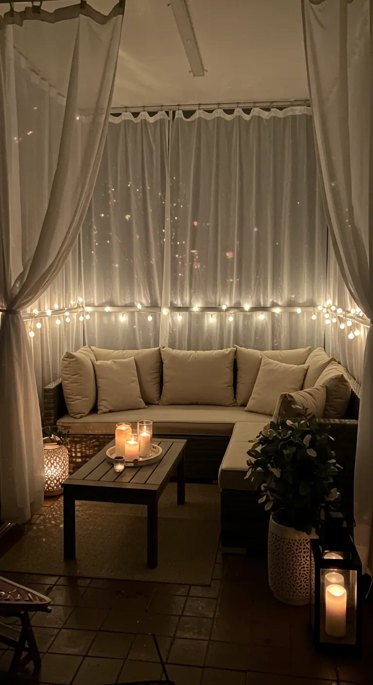 Balkon 's avonds met witte gordijnen, lichtslingers, loungebank en kaarsen.