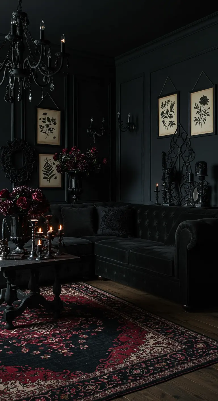 Donkere, gothic woonkamer met zwarte muren, fluwelen bank, rood vloerkleed en veel kaarslicht.