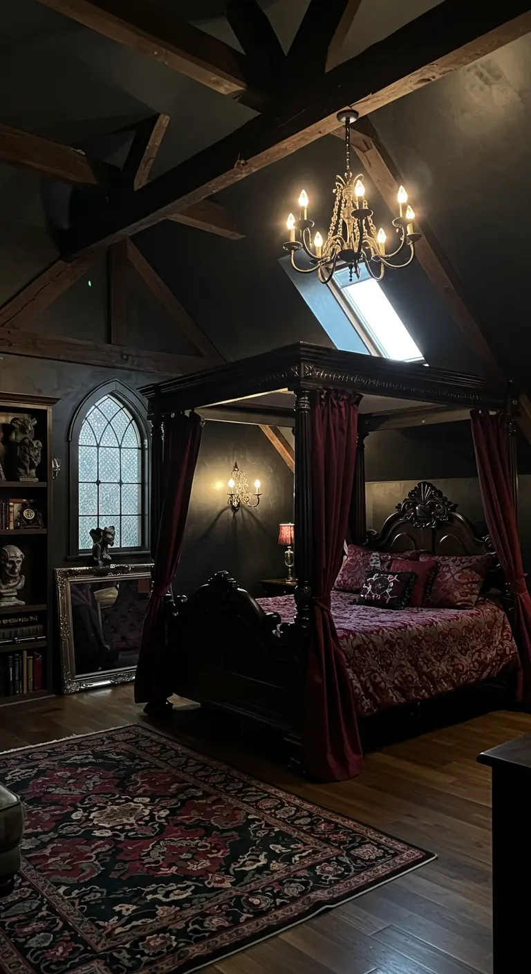 Donkere, gotische zolderslaapkamer met hemelbed, rode gordijnen en kroonluchter.