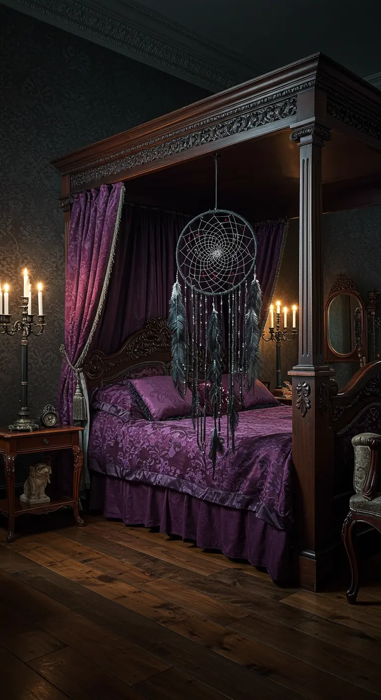 Gotische slaapkamer met paars fluwelen hemelbed, kandelaren en zwarte dromenvanger.
